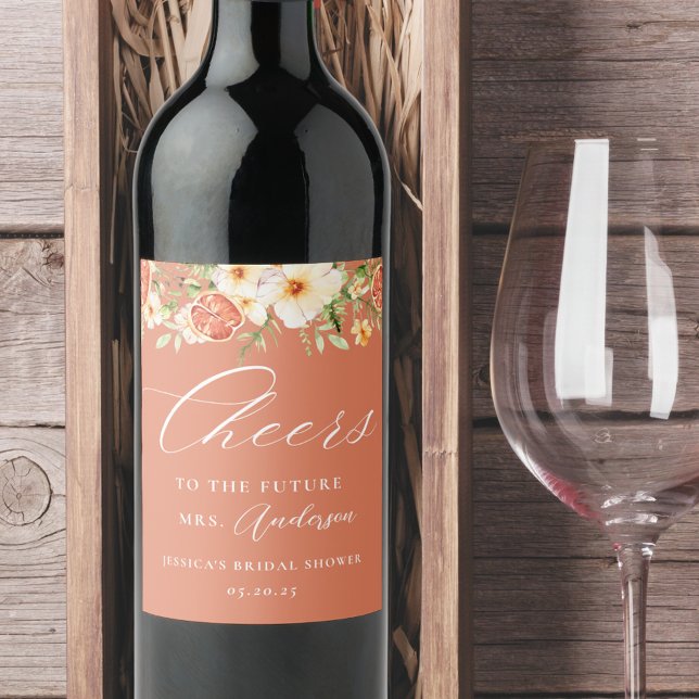 Elegant Citrus Floral Bridal Shower Wine Label (Creator Uploaded)