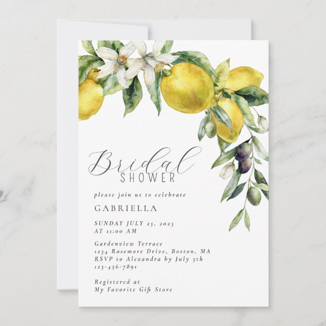 Elegant Citrus Lemon Bridal Shower Invitation (Front)