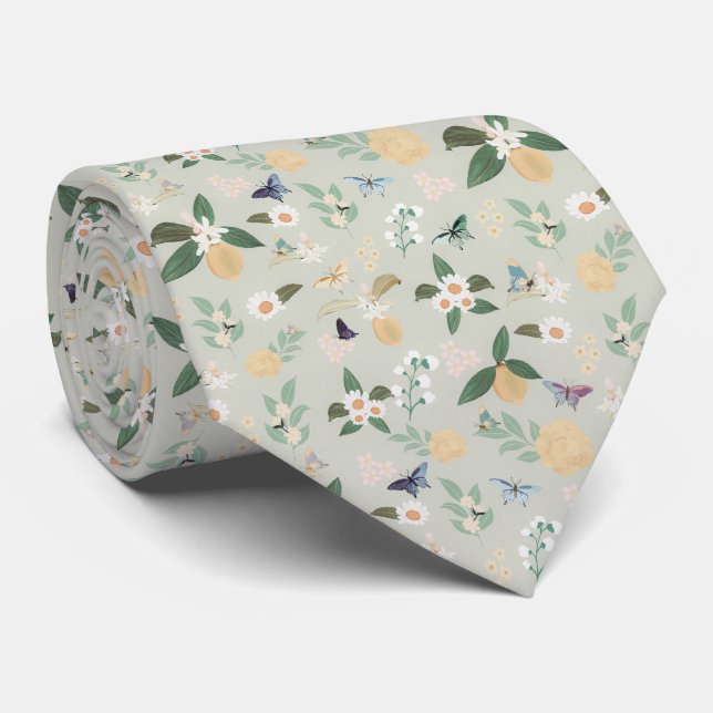 Elegant Citrus Lemon Flowers Butterflies Tie (Rolled)