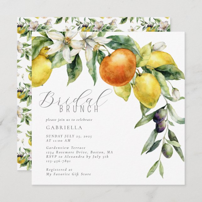 Elegant Citrus Lemon Orange Bridal Shower Invitation (Front/Back)