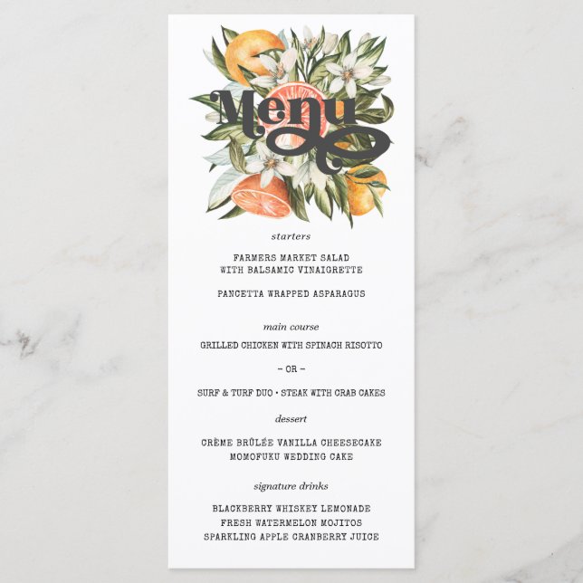 Elegant Citrus Orchard Boho Botanical Wedding Menu (Front)
