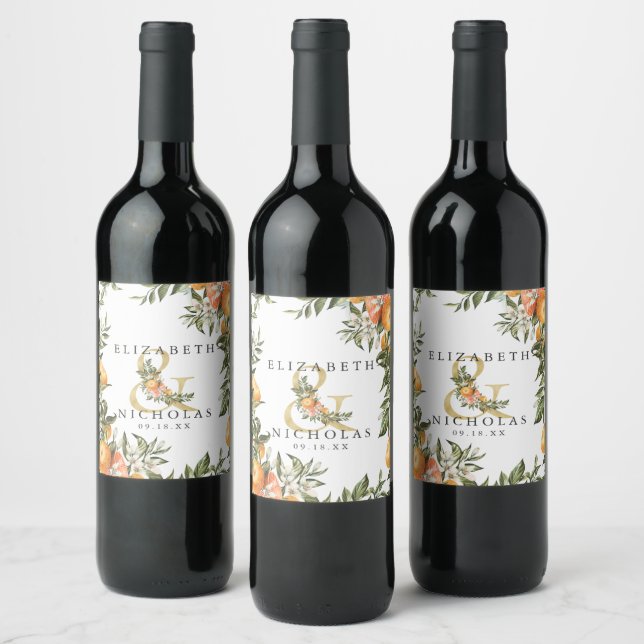 Elegant Citrus Orchard Personalised Wedding Wine Label (Bottles)