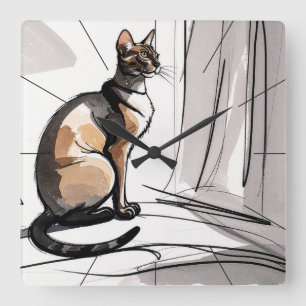 Elegant City Cat Looking Out The Window Minimalism Square Wall Clock