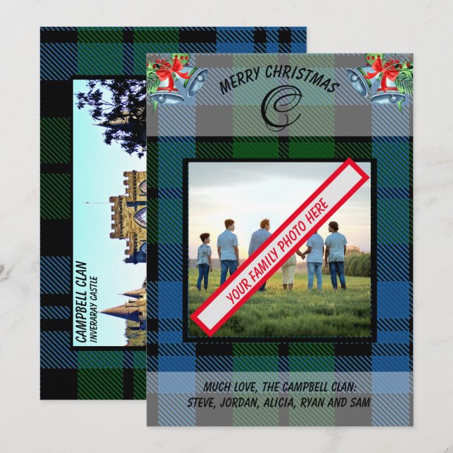 Elegant Clan Campbell Blue Tartan Family Photo Holiday Card (Front/Back)