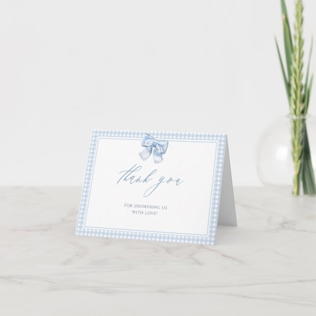 Elegant Clasic Gingham Blue Bow Baby Shower Thank You Card (Front)