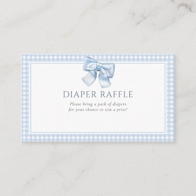 Elegant Clasic Gingham Blue Bow Diaper Raffle Enclosure Card (Front)