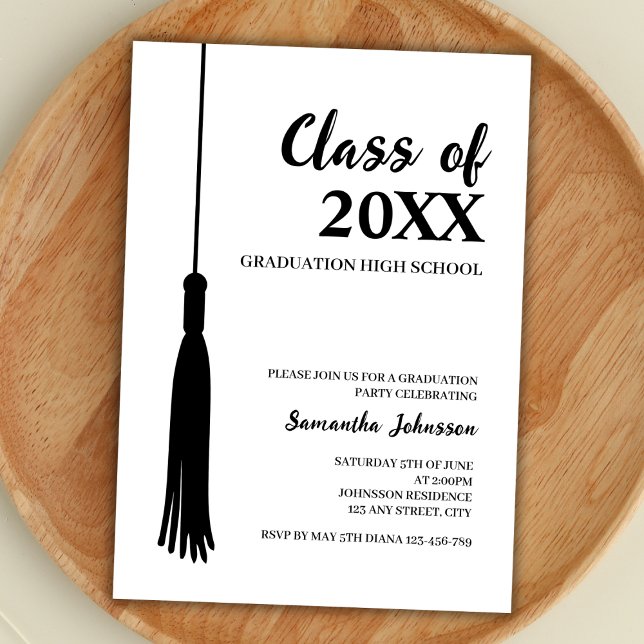 Elegant Class Of 2024 Grad Tassel Graduation Invitation (graduation party invitation class of 2024 elegant minimalist simple black and white grad tassel)