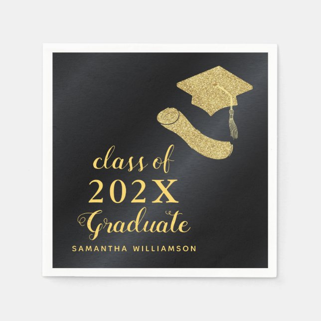 Elegant Class of 2025 Black and Gold Graduation Napkin (Front)