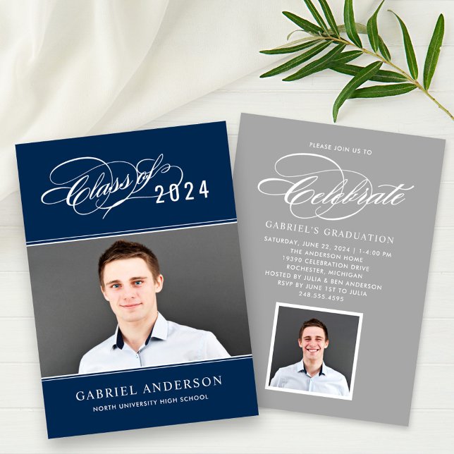 Elegant Class of 2025 Navy Photo Graduation Party Invitation (Creator Uploaded)