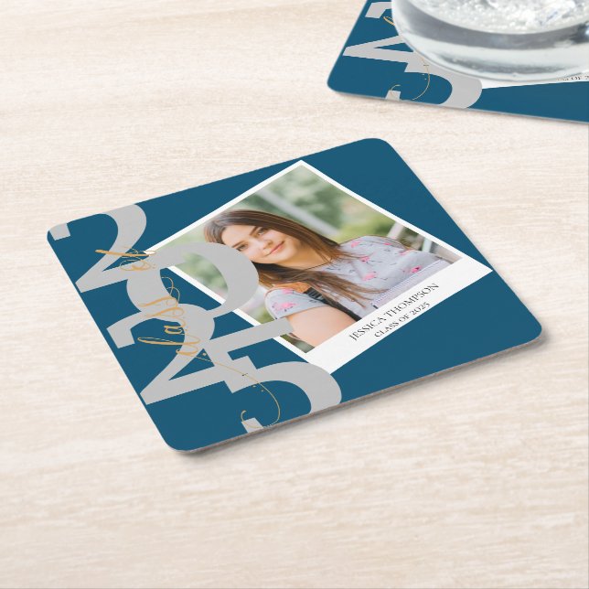 Elegant Class of 2025 Photo Graduation Party Square Paper Coaster (Angled)