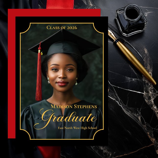 Elegant Class of 2026 Portrait Graduation Announcement (Luxury Black & Gold Portrait Graduation Announcement with Ornate Frame and Script Typography - Red)