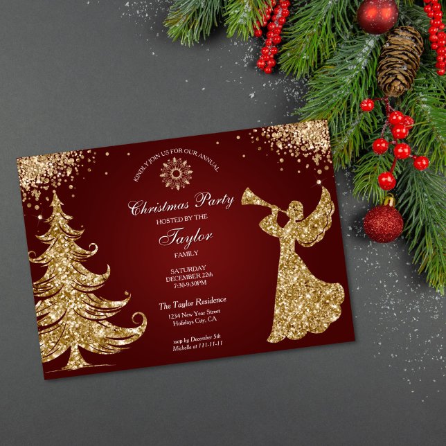 Elegant Classic Angel Christmas Dinner Party Invitation (gold glitter trumpet angel Christmas party invitation with red background)