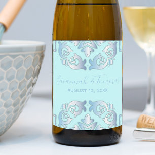 Elegant Classic Baroque Blue Border Wedding Wine Label