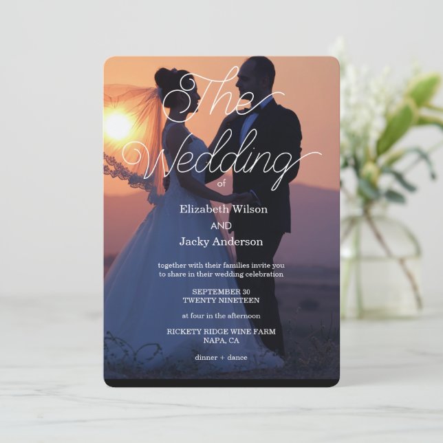 Elegant Classic Black and White Caligraphy Wedding Invitation (Standing Front)