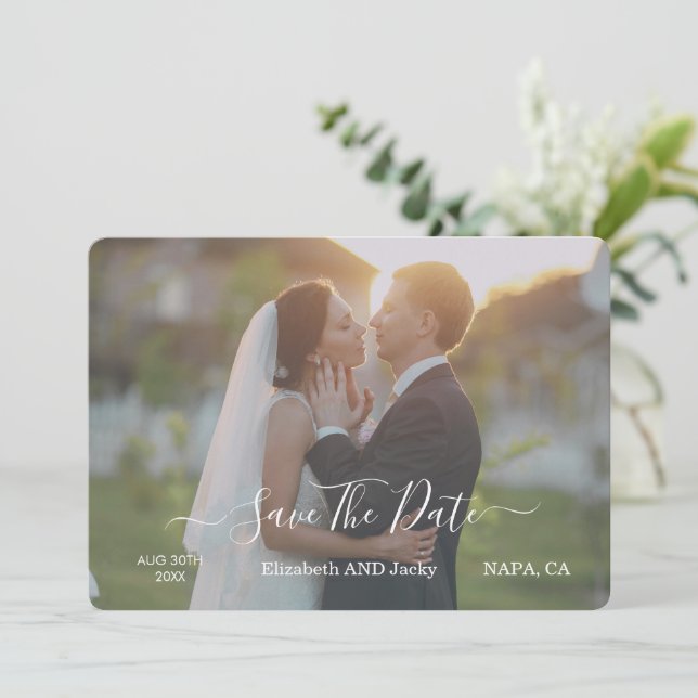 Elegant Classic Black and White Caligraphy Wedding Save The Date (Standing Front)