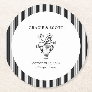 Elegant Classic Black and White Hand Drawn Wedding Round Paper Coaster