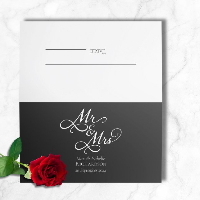 Elegant Classic Black and White Script Wedding Place Card (elegant black and white mr and mrs wedding reception place cards, chic script calligraphy typography)