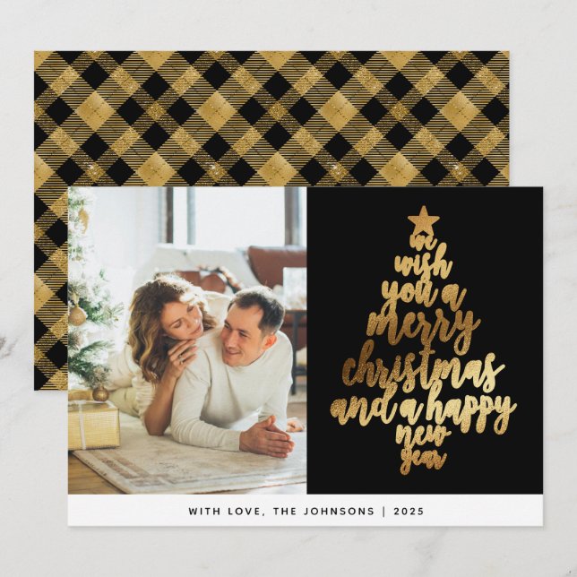 Elegant Classic Black Gold Family Photo Christmas Holiday Card (Front/Back)