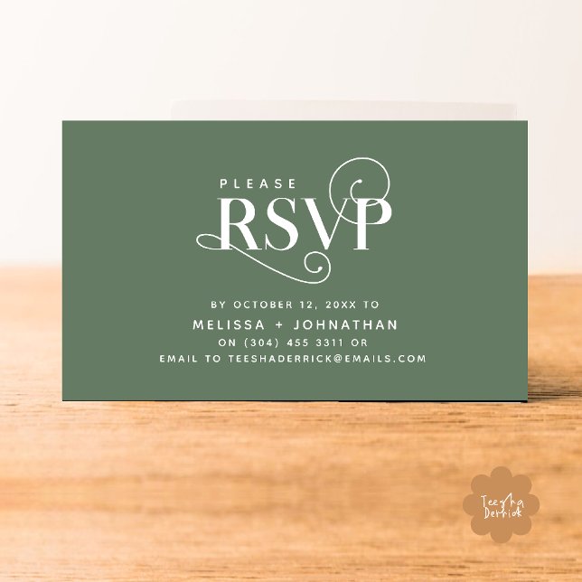 Elegant Classic, Black Script, RSVP respond Enclosure Card (Wedding invitation RSVP via Phone or email respond reminder Enclosure Card in aesthetic Sage Green)