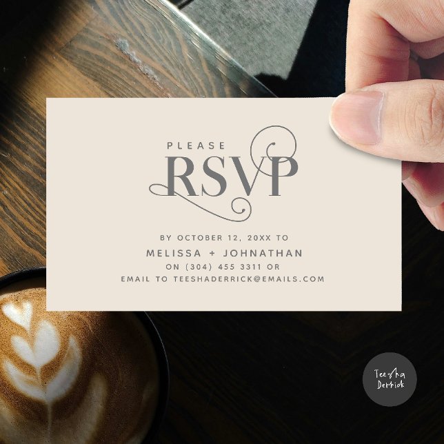 Elegant Classic, Black Script, RSVP respond Enclosure Card (Wedding invitation RSVP via Phone or email respond reminder Enclosure Card in aesthetic Cream Grey)