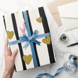 Elegant Classic Black Stripes Golden Heart Wrapping Paper