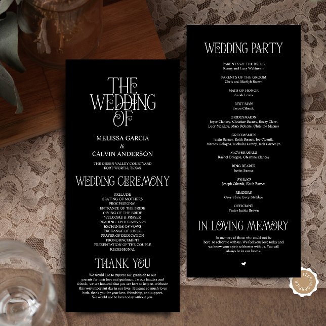 Elegant Classic Black Typography Wedding Program (Elegant Classy Black Typography Modern Romantic Wedding Program Card)