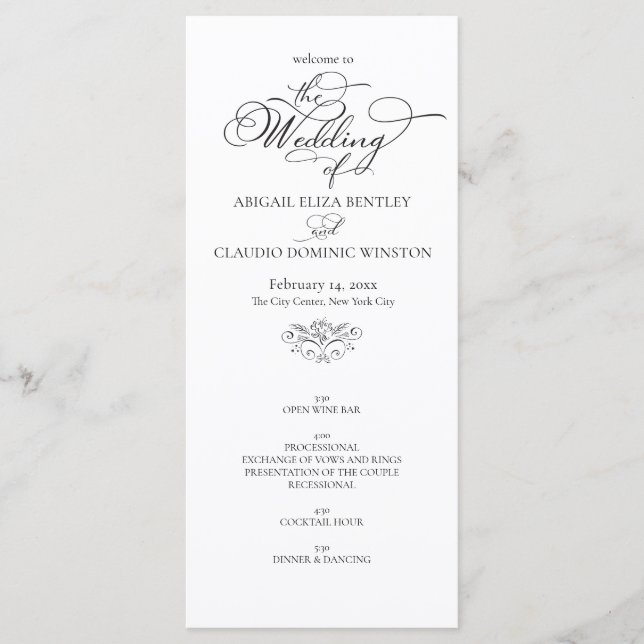 Elegant Classic Black & White Calligraphy Wedding Program (Front)