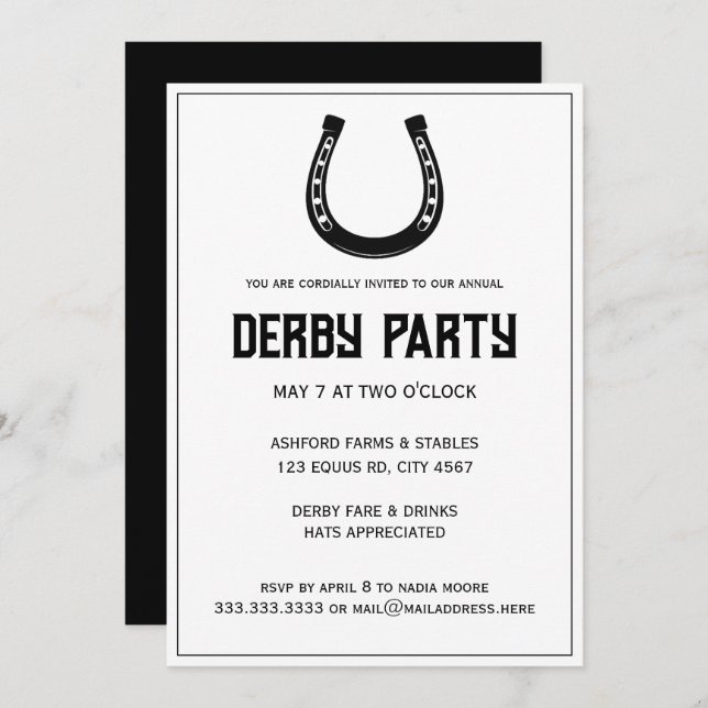 Elegant Classic Black White Horse Race Derby Party Invitation (Front/Back)