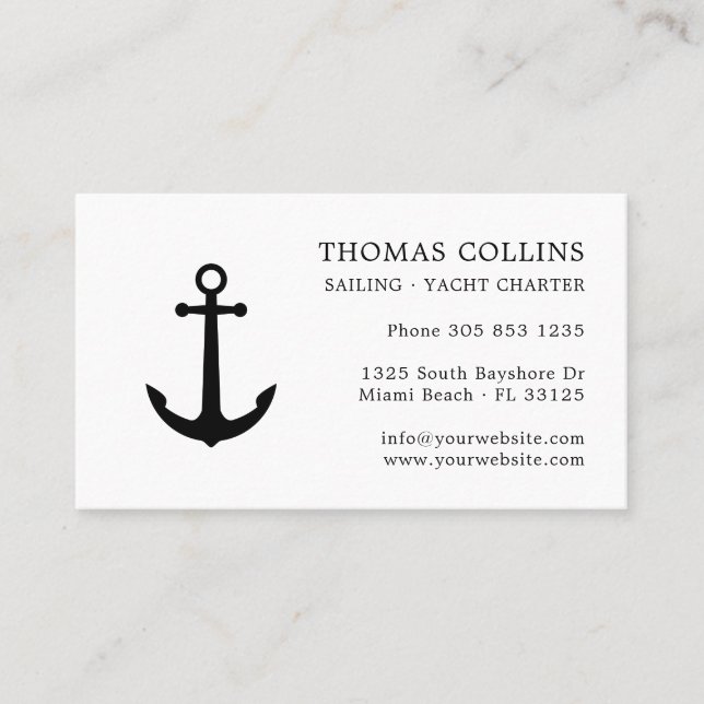 Elegant Classic Black White Nautical Anchor Logo Business Card (Front)