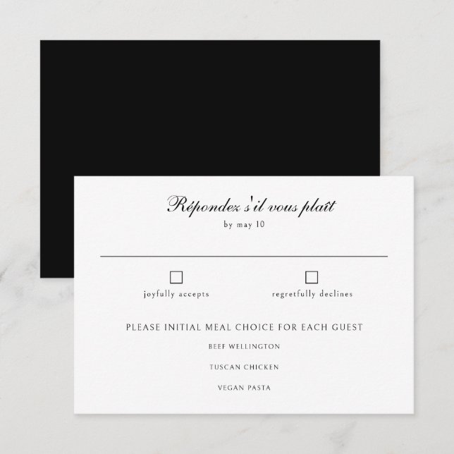 Elegant Classic Black White Wedding Meal Choice  RSVP Card (Front/Back)
