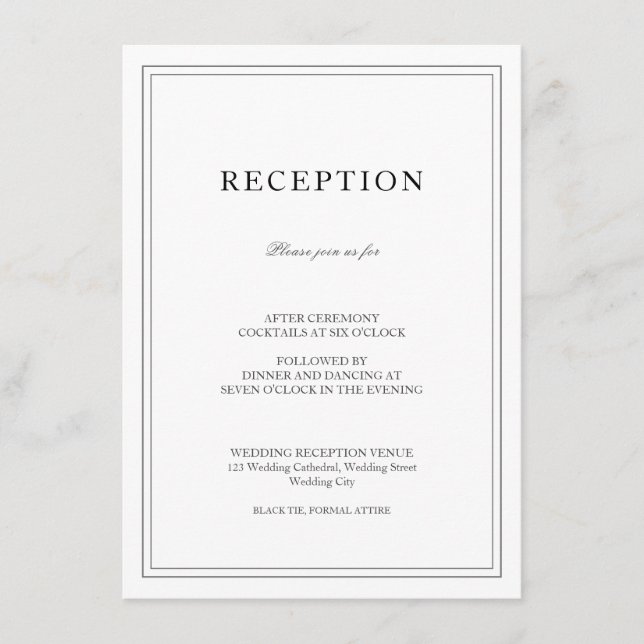 Elegant Classic Black & White Wedding Reception Enclosure Card (Front)