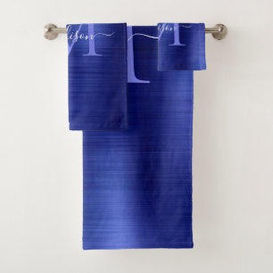 Elegant Classic Blue Brushed Metal Monogram Script Bath Towel Set