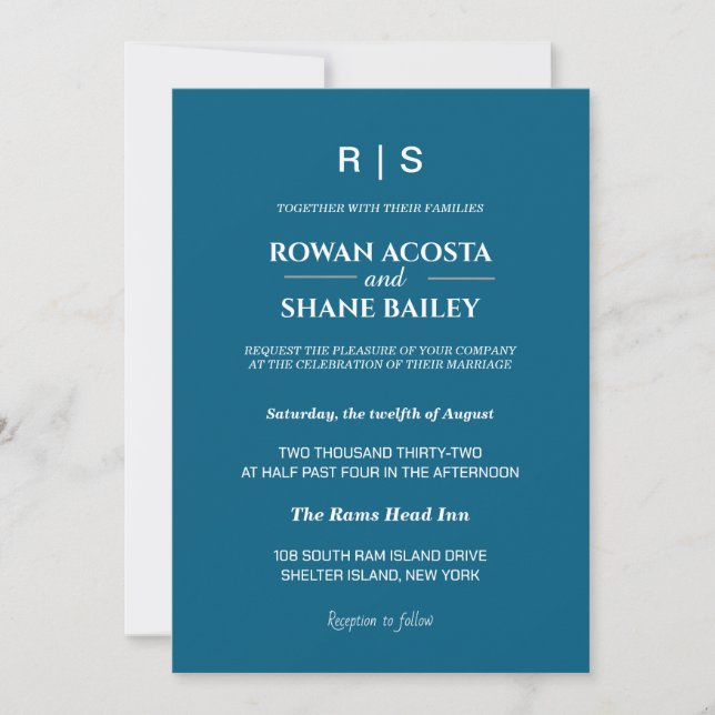 Elegant Classic Blue Monogram Wedding Invitation (Front)