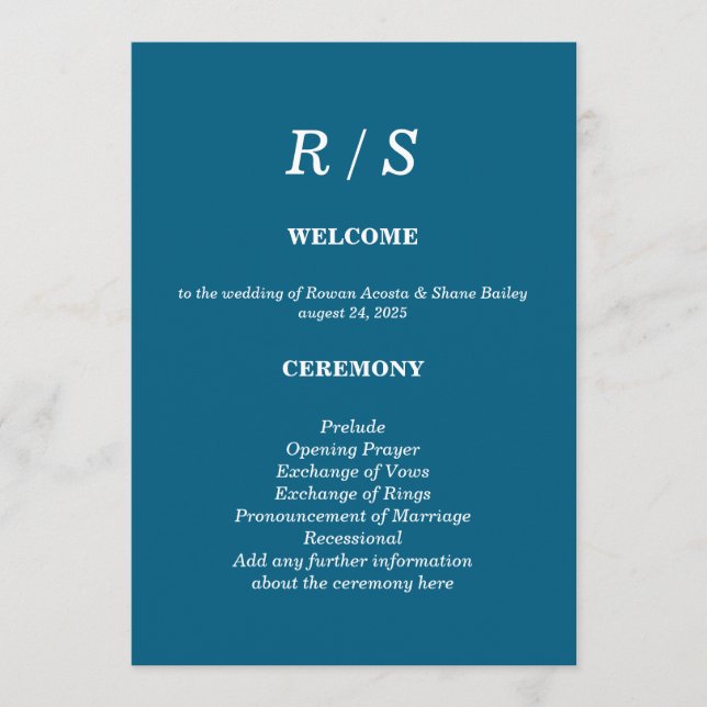 Elegant Classic Blue Monogram Wedding Program Card (Front)