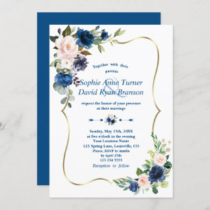 Elegant Classic Blue Pink Flowers Gold Wedding Invitation