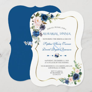 Elegant Classic Blue Pink Flowers Rehearsal Dinner Invitation