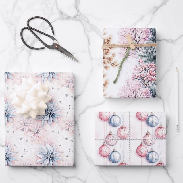 Elegant Classic Blue Pink Pastel Christmas   Wrapping Paper Sheet (Front)