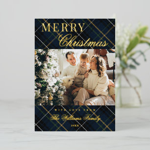 Elegant Classic Blue Plaid 1 Photo Christmas Foil Holiday Card
