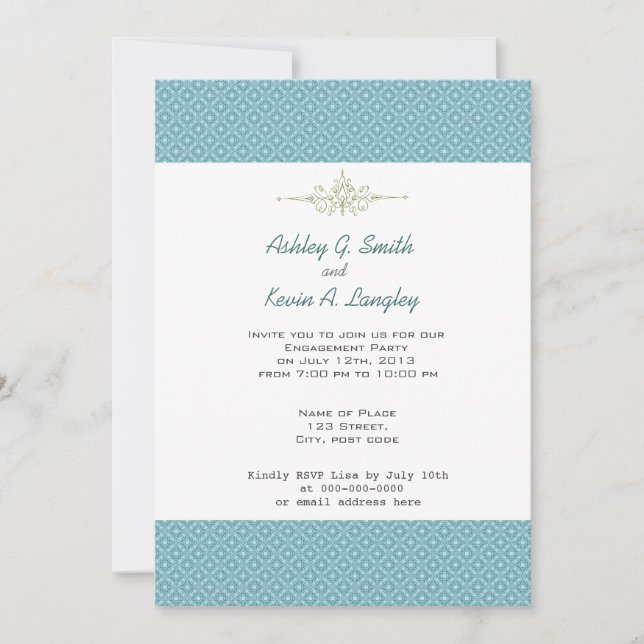 Elegant, classic blue seamless pattern engagement invitation (Front)