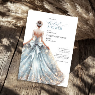Elegant classic blue sparkles wedding gown floral invitation