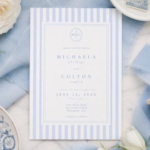 Elegant Classic Blue Stripe Monogram Wedding Invitation