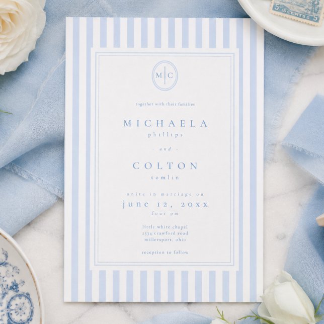 Elegant Classic Blue Stripe Monogram Wedding Invitation (Creator Uploaded)