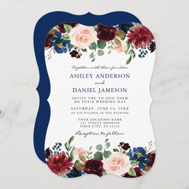 Elegant Classic Blue Watercolor Floral Wedding Invitation (Front/Back)
