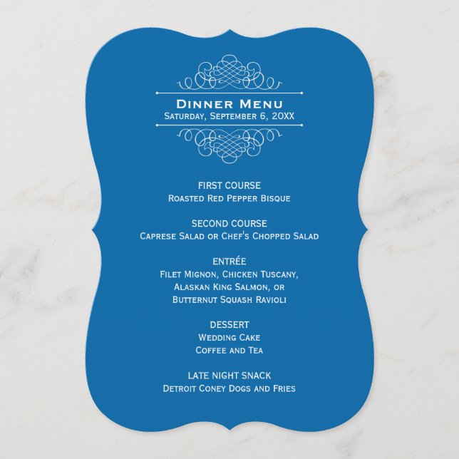 Elegant Classic Blue Wedding Monogram Dinner Menu (Front)