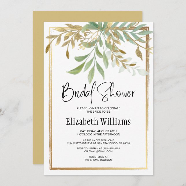 Elegant Classic Border Gold&Greenery Bridal Shower Invitation (Front/Back)