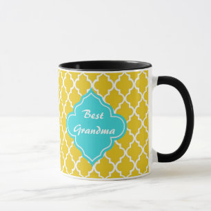 Elegant, classic bright yellow quatrefoil monogram mug