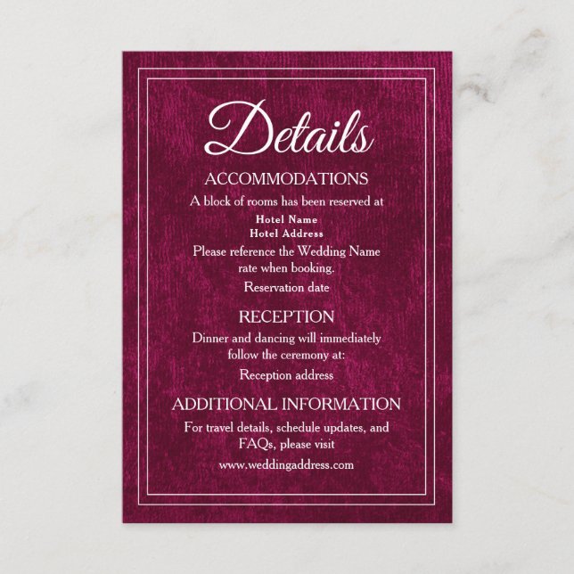 Elegant Classic Burgundy Berry Wedding Details Enclosure Card (Front)