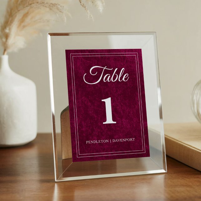 Elegant Classic Burgundy Berry Wedding Table Number (Burgundy/berry velvet wedding table number, printed on both sides)