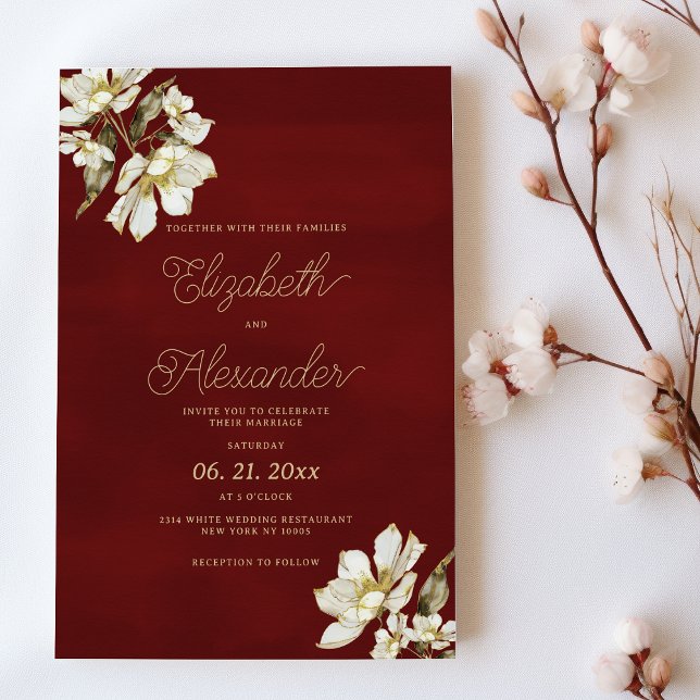 Elegant classic burgundy gold flowers Wedding Invitation (Elegant classic burgundy gold flowers Wedding )