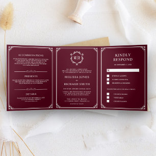 Elegant Classic Burgundy Monogram Wedding Tri-Fold Invitation